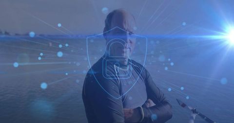 Senior man in boat with digital security overlay on lake