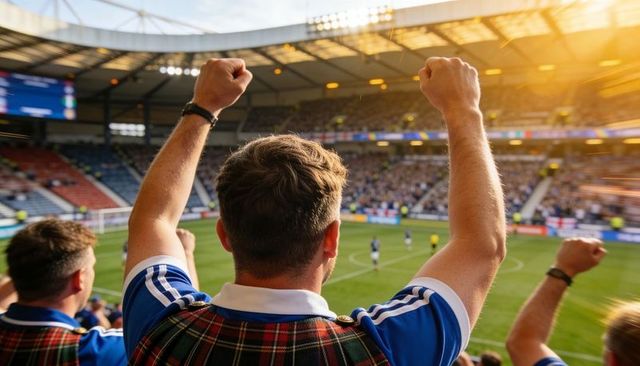 Cheering fan raising arms wearing blue jersey and tartan sash in packed football stadium