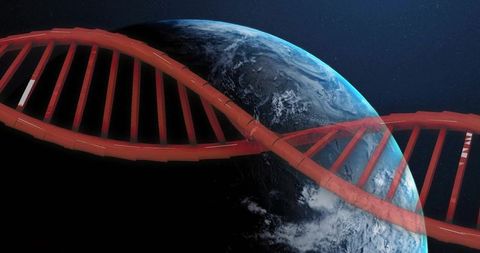 Red DNA Helix Arcing Around Earth Representing Global Gene Link and Biotechnology Future