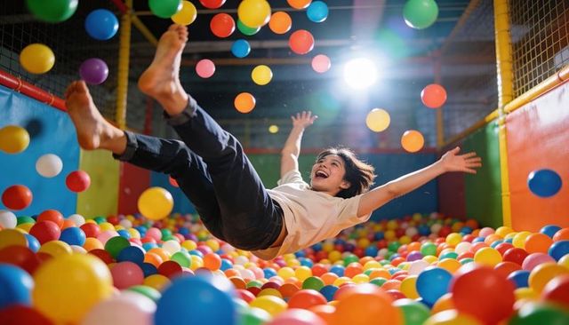 Joyful asian child flying through colorful ball pit laughing with arms outstretched