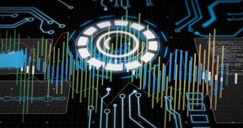 Futuristic hud displaying neon circular interface with multicolor data bars