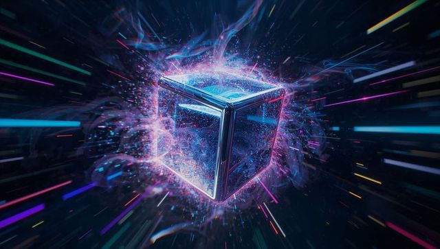 Futuristic metallic cube with neon edges in digital void