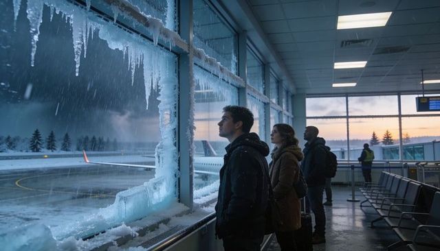 Winter flight delay: travelers watching frosted runway through icy terminal window