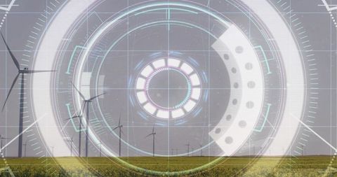 Futuristic HUD Overlay Monitoring Wind Farm and Crop Field Renewable Energy Visualization