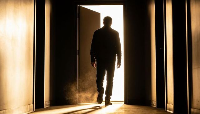 Man walking through bright doorway in dim corridor, dramatic silhouetted backlight and dust