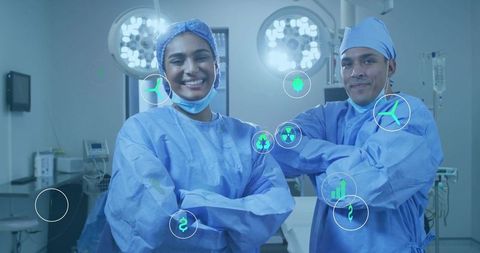 Smiling surgeons standing with arms crossed presenting augmented reality medical data