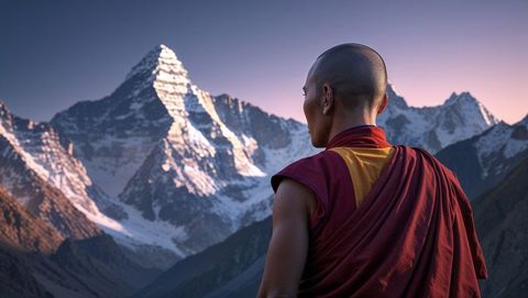 Monk in saffron robes contemplates majestic mountain range