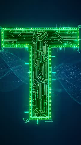 Pulsing neon green circuit letter T fading on blue digital background vertical loop
