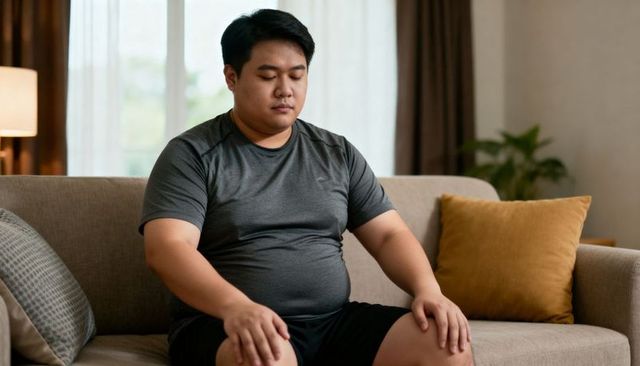 Asian man resting on sofa after workout at home, practicing mindfulness and relaxation