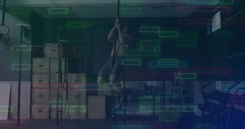 Athletic strength training in industrial gym with rope climbing