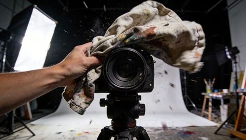 Artist cleaning dslr lens with paint-stained rag in creative studio workflow