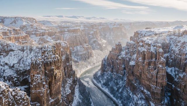 Aerial winter canyon revealing snow-dusted sandstone cliffs and meandering frozen river