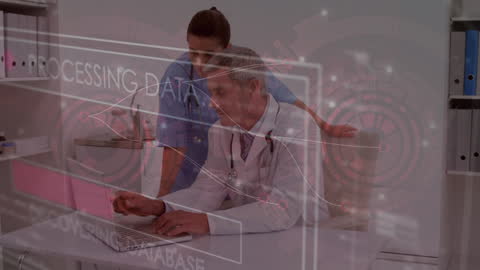 Doctor Analyzing Data on Computer with Virtual Technology Overlay