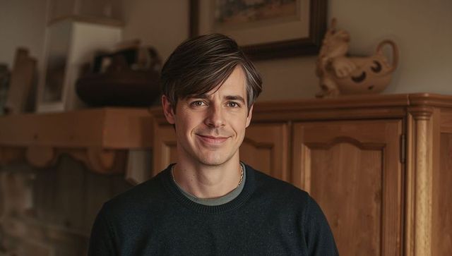 Smiling man wearing dark crewneck sweater and necklace in cozy warm wooden interior