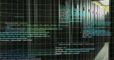 Futuristic Data Center with Code and LED Lights