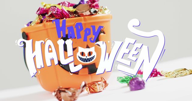 Happy Halloween Text with Pumpkin Bucket of Sweets - Download Free Stock Images Pikwizard.com