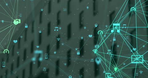 Digital Network Icons Over Urban Cityscape