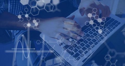 Hands Typing on Laptop with Hexagonal Data Overlay and Waveform Tech Graphics