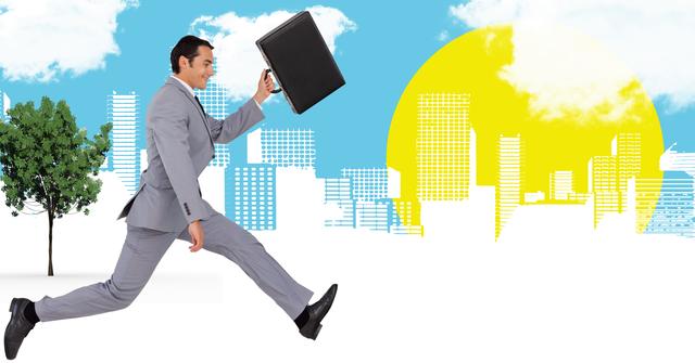 This image depicts a businessman in a suit running with a briefcase against a backdrop of a city skyline and a bright sun. It conveys themes of ambition, urgency, and professional success. Ideal for use in business presentations, corporate websites, career-related articles, and advertisements promoting business services or products.