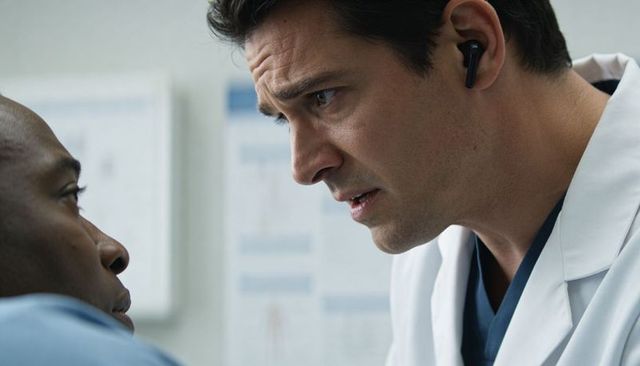 Concerned physician leaning over patient during clinical consultation with wireless earbud