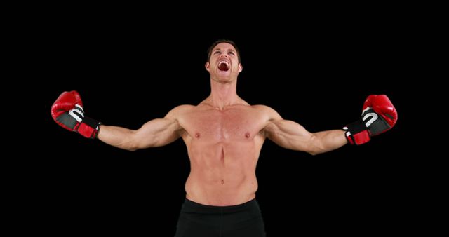 Triumphant Shirtless Boxer with Outstretched Arms Celebrating Victory - Download Free Stock Images Pikwizard.com