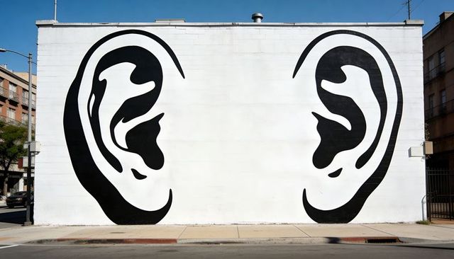 Giant black-and-white ear mural on urban brick wall, minimal graphic public street art