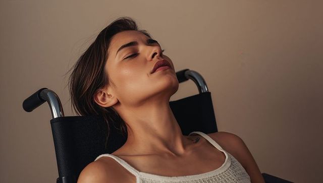 Serene woman reclining in wheelchair with closed eyes in white knit tank minimal portrait