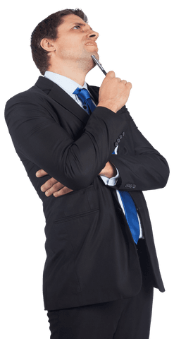 Thinking Businessman with Pen on Transparent Background