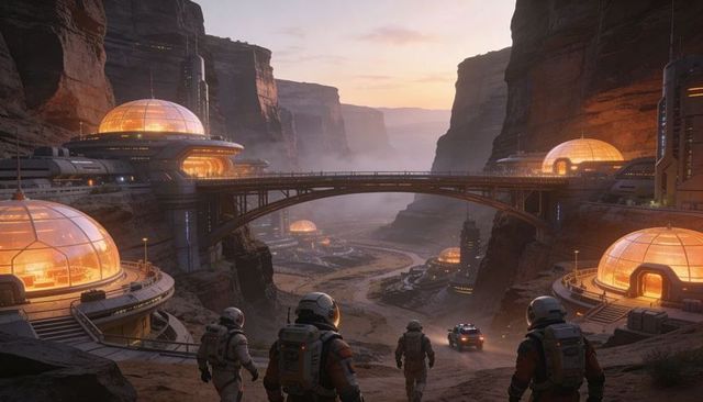 Explorers surveying canyon colony with illuminated domes, bridge and rover at dusk