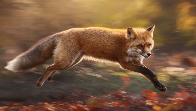 Red fox leaping through autumn forest with motion blur and golden hour light