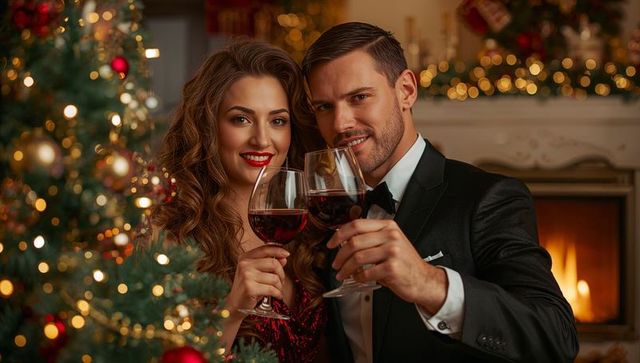 Elegant couple toasting by christmas tree and fireplace