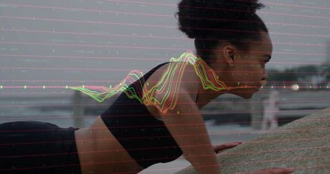 Woman Holding Plank with Data Graph Overlay at Waterfront