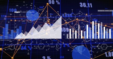 illustrates a complex visual representation of data science featuring graphs and pie charts. this is ideal for use in articles and reports on international business growth, technological advancements in data processing, and financial analysis. the dynamic representation of statistics and graphs makes it suitable for educational content explaining digital interfaces and data-driven decision making.