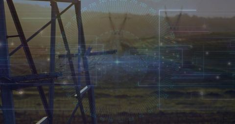 Transmitting energy through steel transmission tower with hud overlay and radar rings at horizon