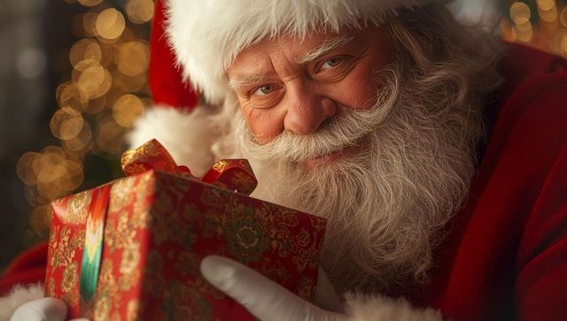 Santa Claus Holding Present in Festive Holiday Setting