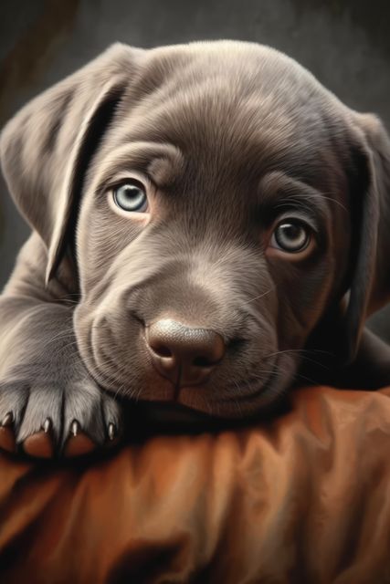 Portrait of cute brown puppy with blue eyes lying on sitting, created using generative ai technology. Dogs, domestic animals and pets concept digitally generated image.