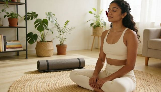 Sunlit home meditation - woman practicing mindfulness on jute rug with yoga mat and plants