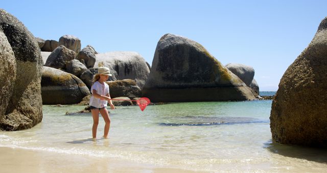 Girl Fishing with Net at Rocky Beach - Download Free Stock Images Pikwizard.com