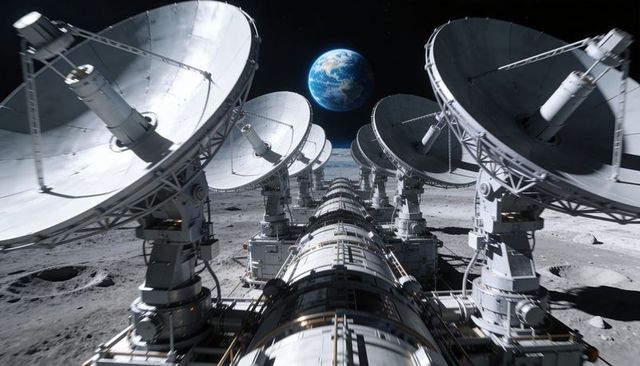 Lunar observatory antenna array broadcasting toward earth rising over moon horizon