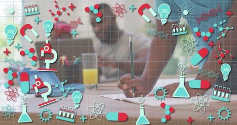 Digital Illustration of Educational Icons Overlaid on Boy Doing Homework