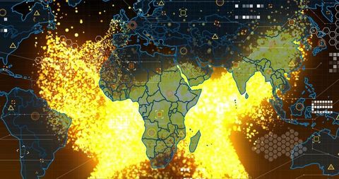 Global Data Surge Visualizing Heatmap Over Africa with Neon Particle Cloud and Analytics