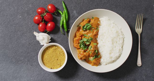 Plate of chicken curry with basmati rice garnished with cilantro on slate background. Surrounded by fresh ingredients: vine cherry tomatoes, green chilies, garlic bulb, and bowl of spices. Perfect for food blogs, restaurant menus, cooking tutorials, healthy eating promotions.