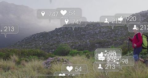 Adventurous Hiker with Social Media Elements in Misty Mountains