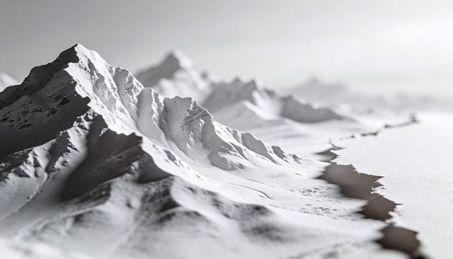 Minimal white topographic mountain model with jagged torn edge and dramatic shadows