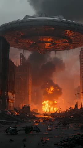 Alien saucer hovering over burning urban street igniting massive explosion vertical video