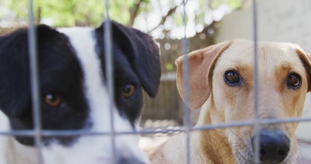Portrait of two dogs standing behind fence in dog shelter. Animals, support and temporary home, unaltered.