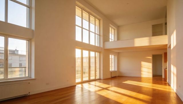 Sunlit urban loft living room with mezzanine and floor-to-ceiling windows