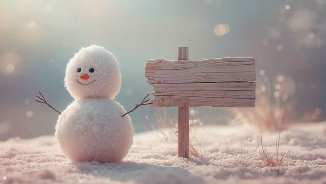 Charming snowman with signboard in idyllic winter scene