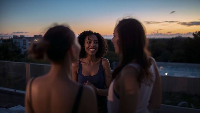 Young black woman laughing with friends on rooftop at sunset urban evening conversation casual