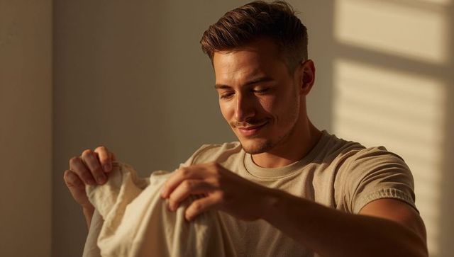 Young man inspecting casual shirt in warm sunlight near window with blinds and shadows